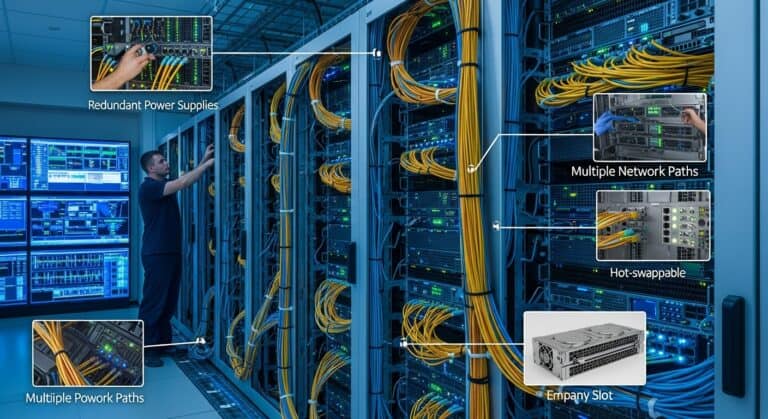 Data center server room with technician, redundant power, network paths, and hot-swappable components.